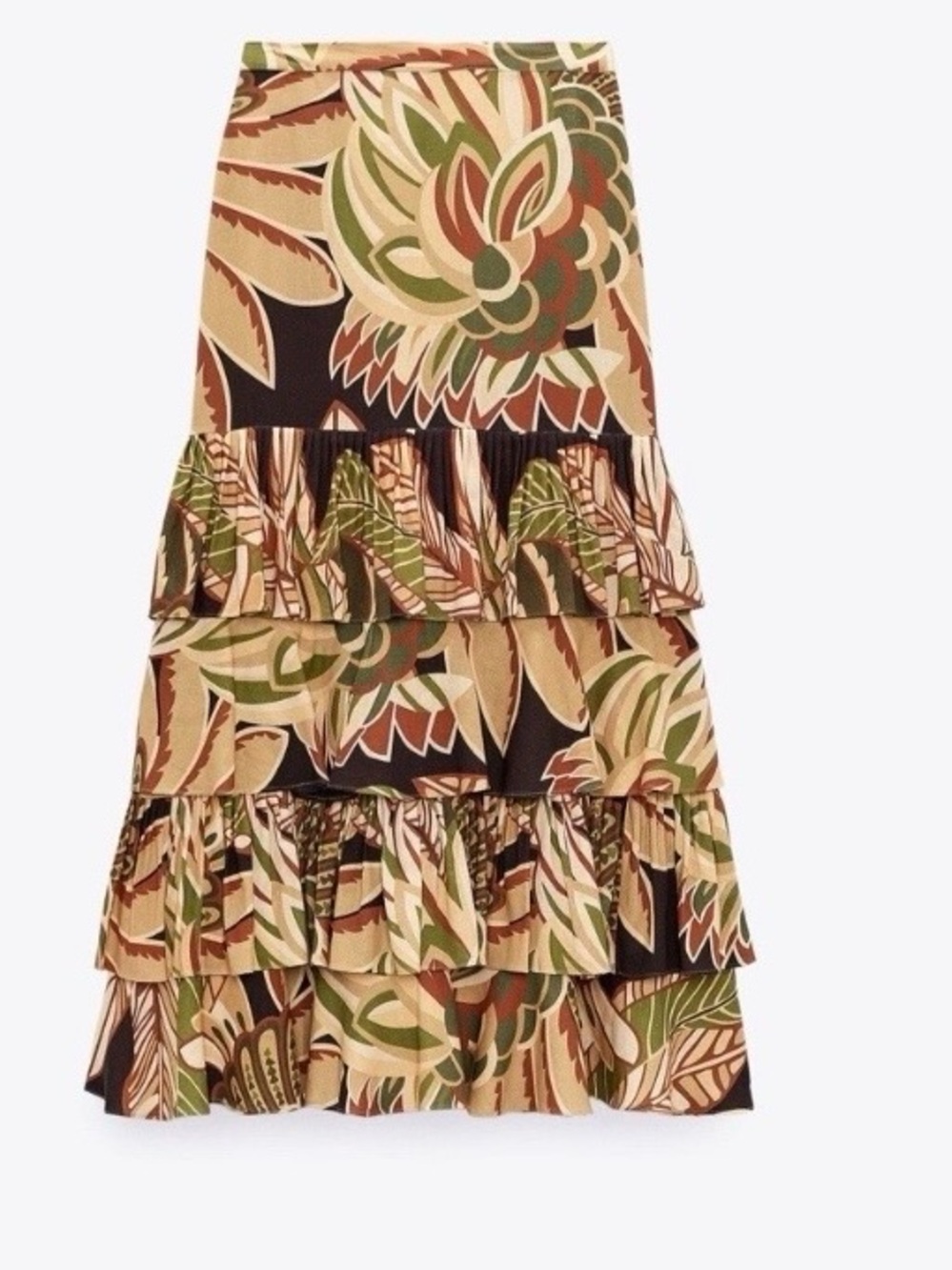 Tiered Ruffled Midi Skirt in Olive & Tan Floral Print